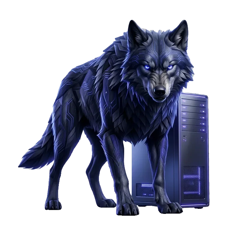 Fenrir the wolf beside a storage server