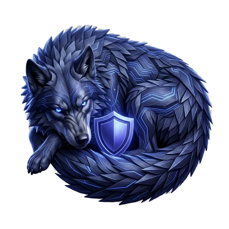 Fenrir the wolf braced behind a shield