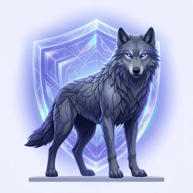 Fenrir standing guard behind a shield