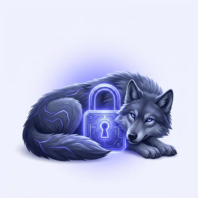 Fenrir curled protectively around a padlock